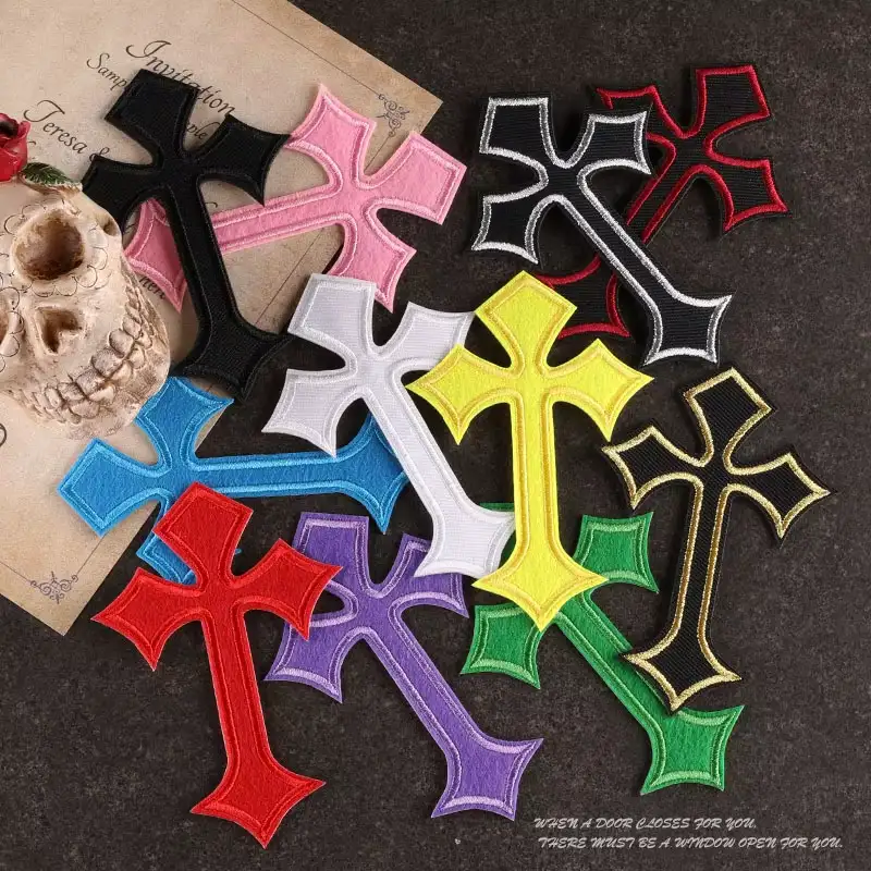 Cross and Heart Embroidered Iron-On Fabric Patches, 5-Piece Set