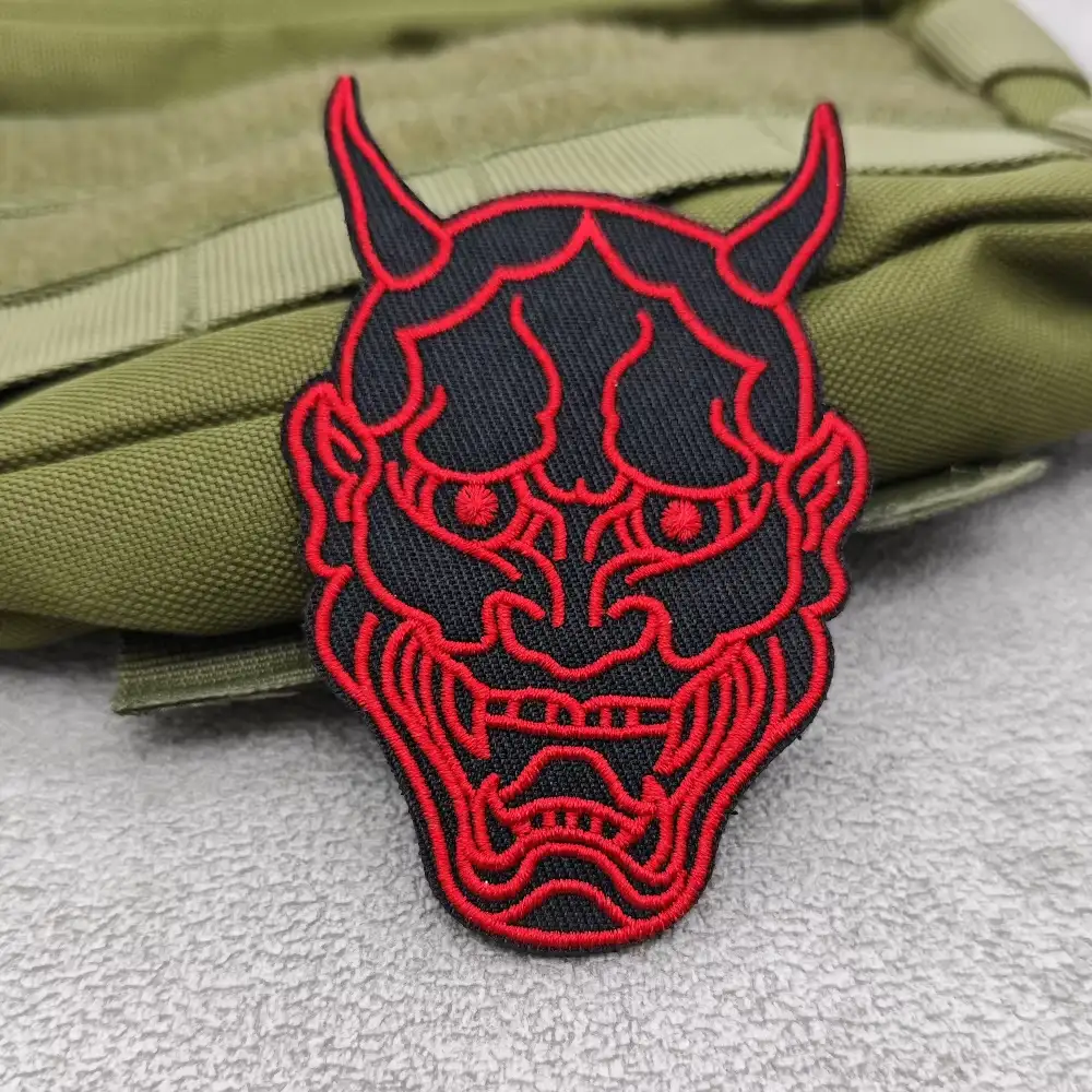 Japanese-Style Hannya Demon Mask Embroidered Hook-and-Loop Patch
