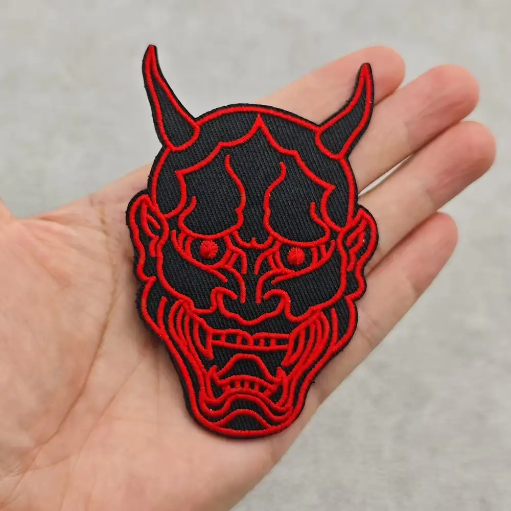Japanese-Style Hannya Demon Mask Embroidered Hook-and-Loop Patch