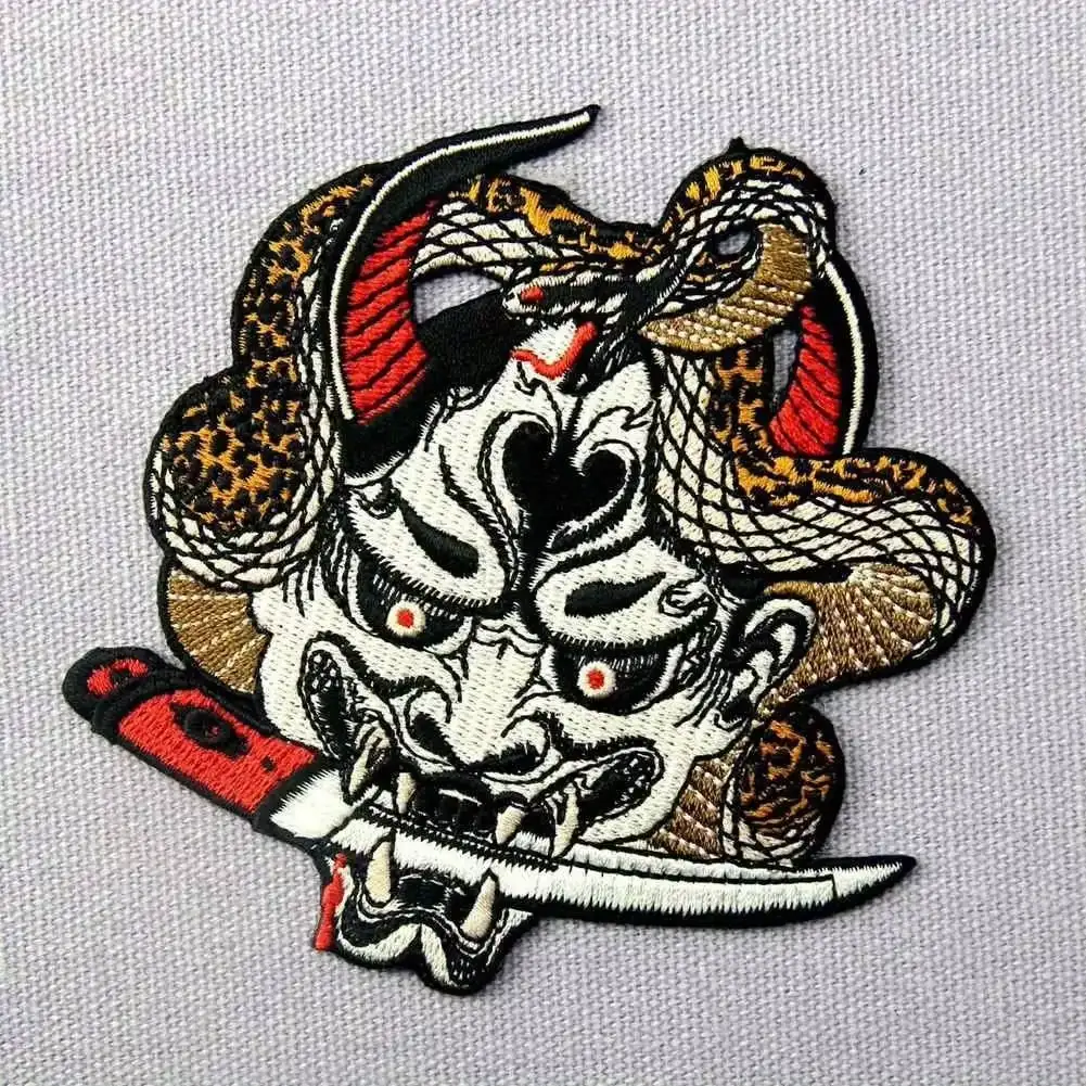Japanese Hannya Demon Mask Embroidered Patch, Iron-on and Sew-on